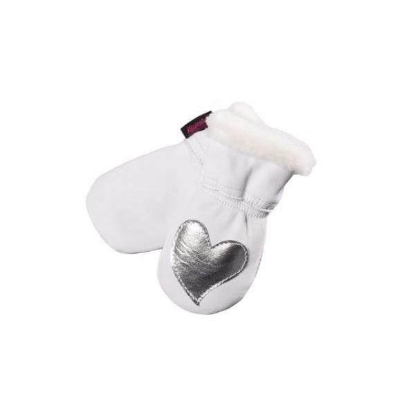 Vauvan hanskat – Nahkarukkaset vauvalle villavuorilla – Sydänkuviointi – valkoinen-hopea